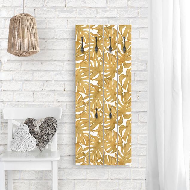 Porte-manteaux muraux avec fleurs Feuilles de Monstera en or, aquarellées