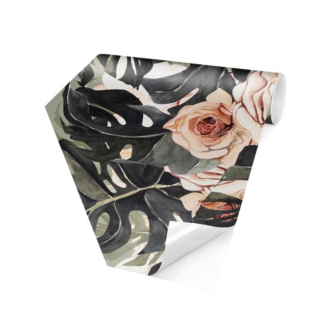 Papiers peintspanoramique hexagonal Bouquet de Monstera Aquarelle