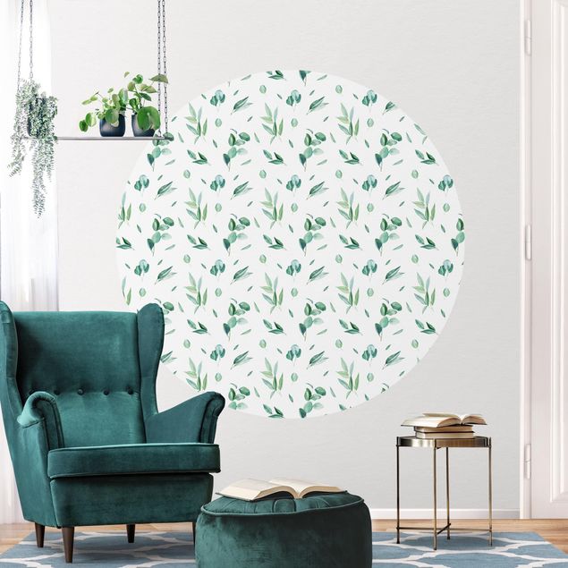 Papier peint floral Motif aquarelle feuilles et eucalyptus