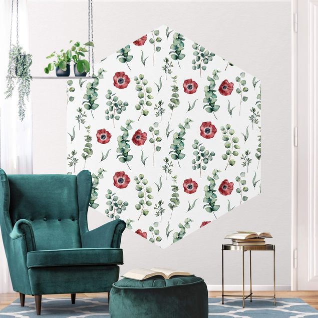 papier peint fleuri Aquarelle à motif d'eucalyptus et de fleurs