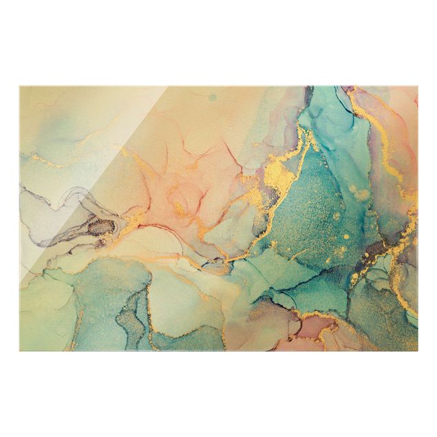 Tableau en verre - Watercolour Pastel Colourful With Gold - Format paysage