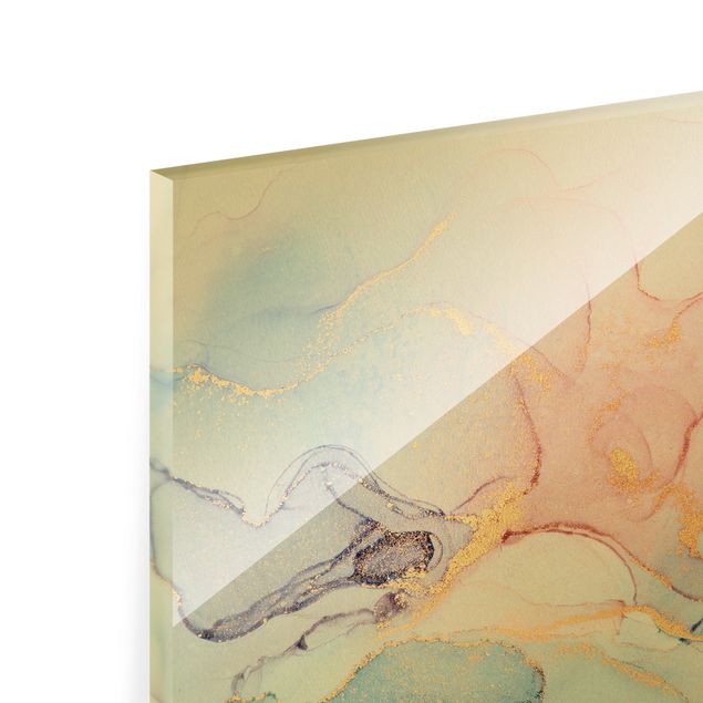 Tableau en verre - Watercolour Pastel Colourful With Gold - Format paysage