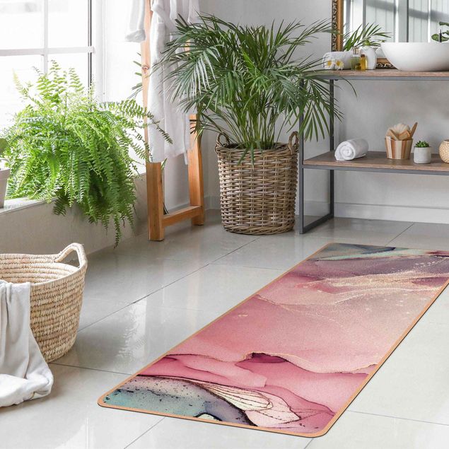 tapis grande taille Aquarelle Pastel rose avec or