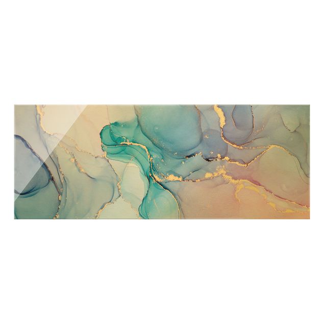 Tableau en verre - Watercolour Pastel Turquoise With Gold - Panorama