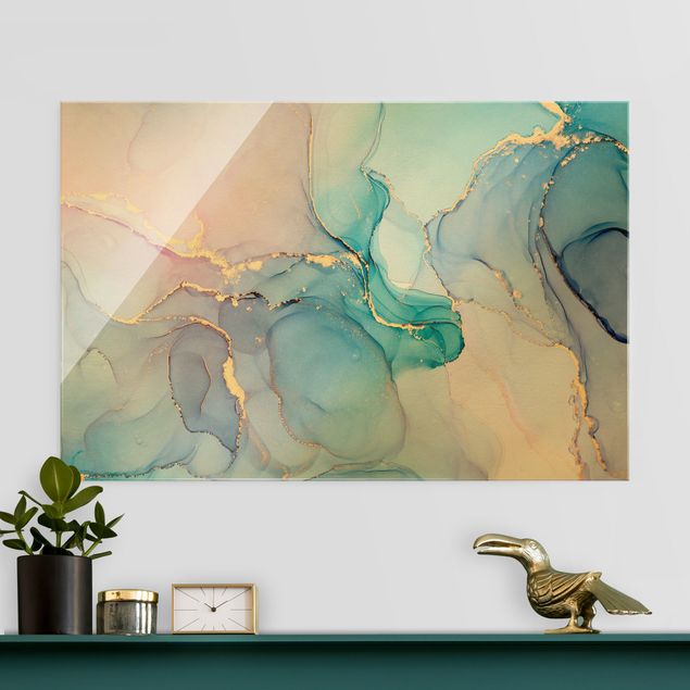 Déco murale cuisine Aquarelle Pastel turquoise avec or