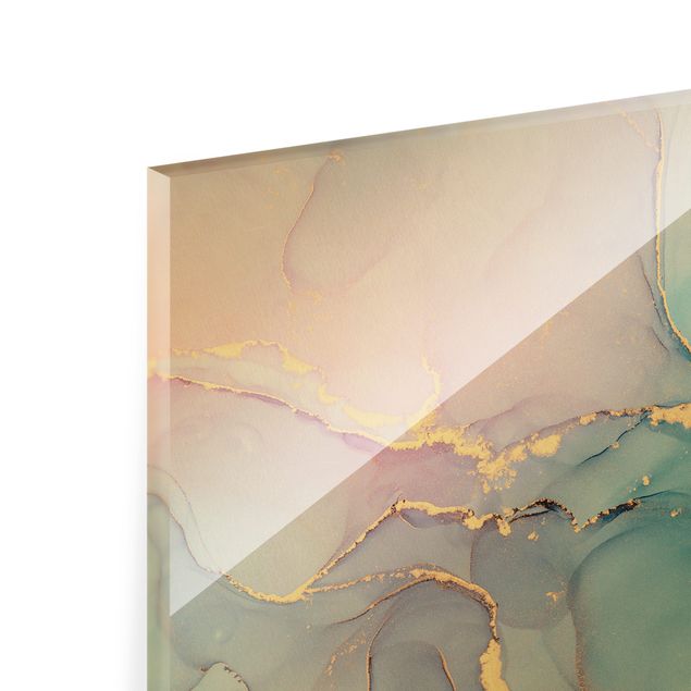 Tableau en verre - Watercolour Pastel Turquoise With Gold - Format paysage