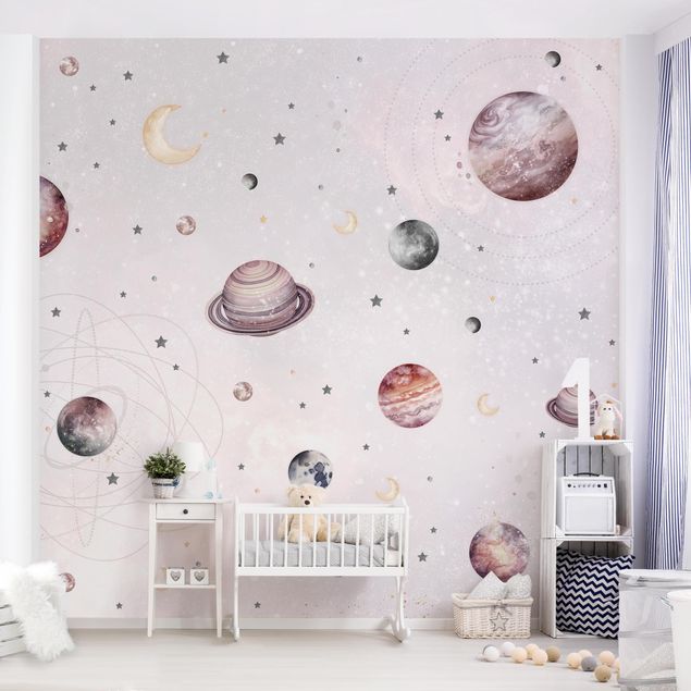 Déco chambre bébé Planètes, lune et étoiles en aquarelle