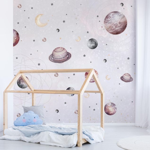 Papier peint ciel Planètes, lune et étoiles en aquarelle