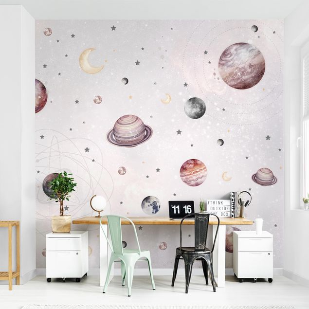 Papier peint moderne Planètes, lune et étoiles en aquarelle