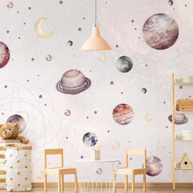 Papier peint panoramique Planètes, lune et étoiles en aquarelle