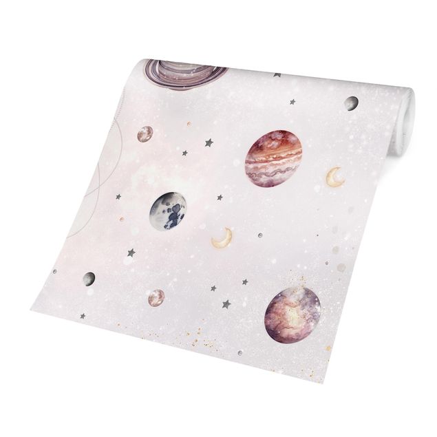 Papier peint - Planètes, lune et étoiles en aquarelle
