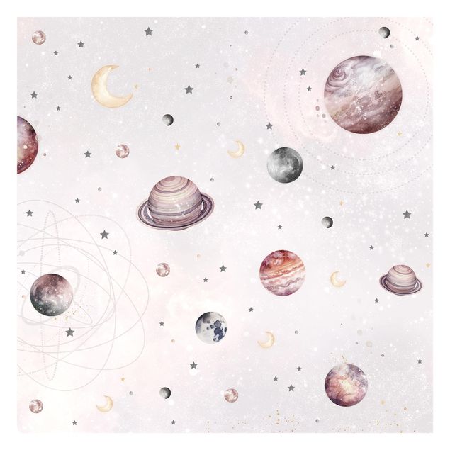 Papier peint - Planètes, lune et étoiles en aquarelle