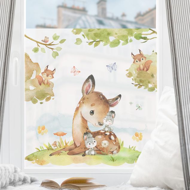 Stickers fenêtre animaux Lapin et écureuil à l'aquarelle