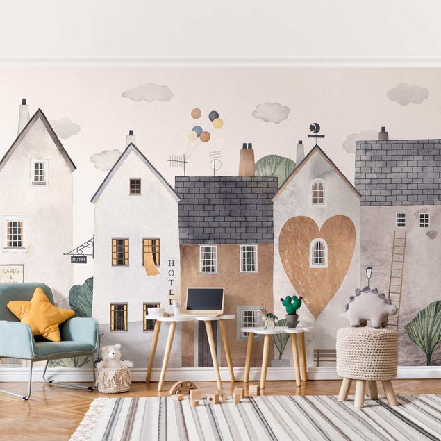Papier peint moderne Maisons en rangée aquarelle