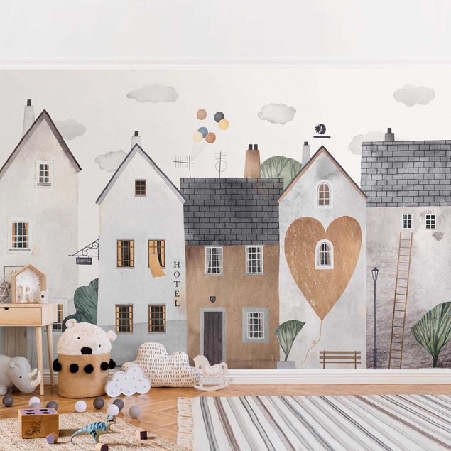 Papier peint - Maisons en rangée aquarelle