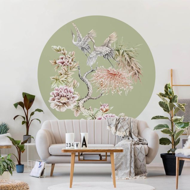 Déco murale cuisine Aquarelle - Cigognes en vol avec des fleurs sur un fond vert