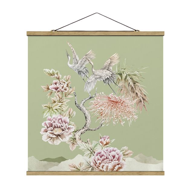 Tableaux animaux Aquarelle - Cigognes en vol avec des fleurs sur un fond vert