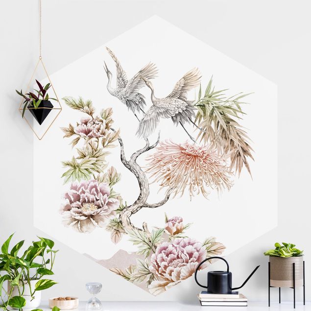 Déco mur cuisine Aquarelle - Cigognes en vol avec des fleurs