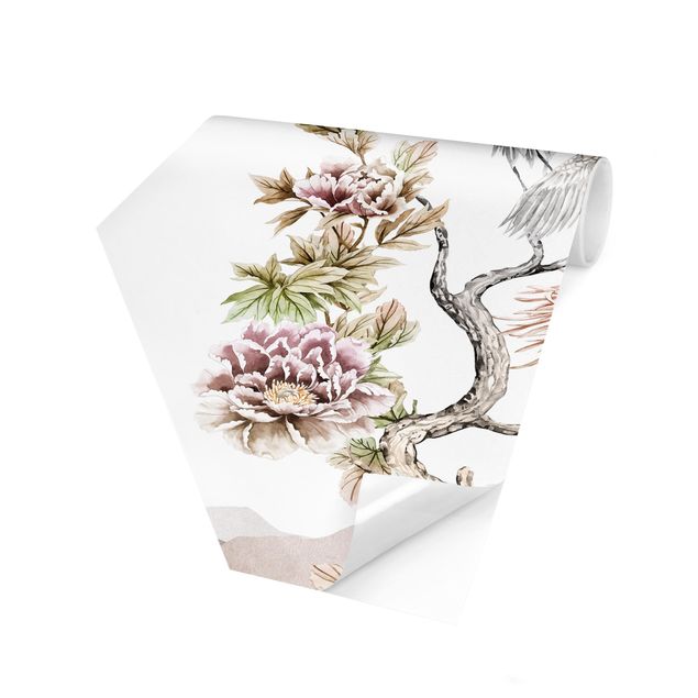 papier peint fleuri Aquarelle - Cigognes en vol avec des fleurs