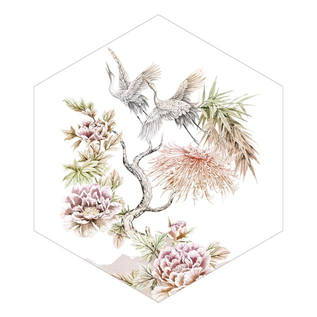 Tapisserie animaux Aquarelle - Cigognes en vol avec des fleurs