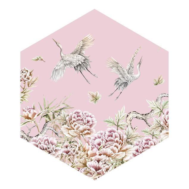 Papier peint animaux Aquarelle - Cigognes en vol avec roses sur rose