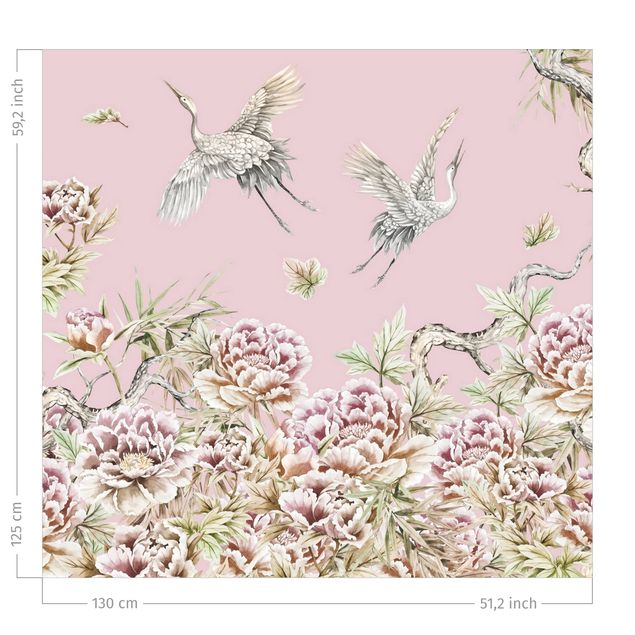 rideaux salon moderne Watercolour Storks In Flight With Roses On Pink