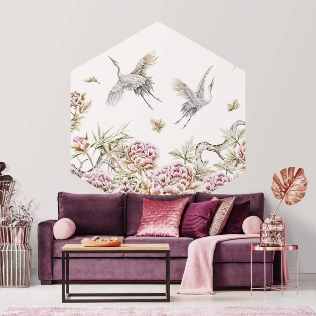 Papier peint oiseaux Aquarelle - Cigognes en vol avec roses