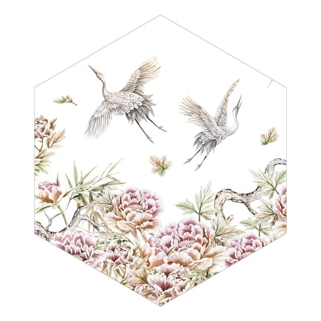 Papier peint animaux Aquarelle - Cigognes en vol avec roses