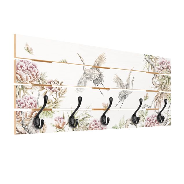 Porte-manteau en bois - Watercolour Storks In Flight With Roses