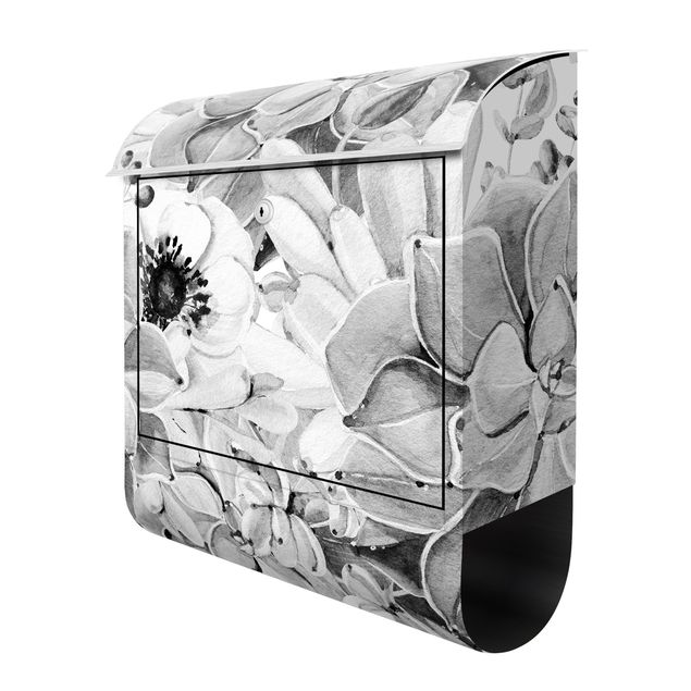 Boite aux lettres noire Aquarelle - Succulente avec fleur en noir et blanc