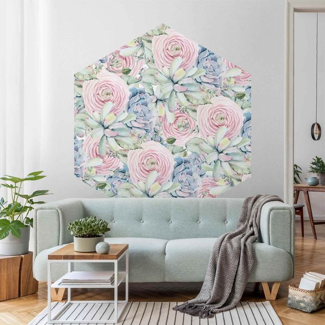 Papier peint floral Aquarelle - Motif de succulentes et de renoncules