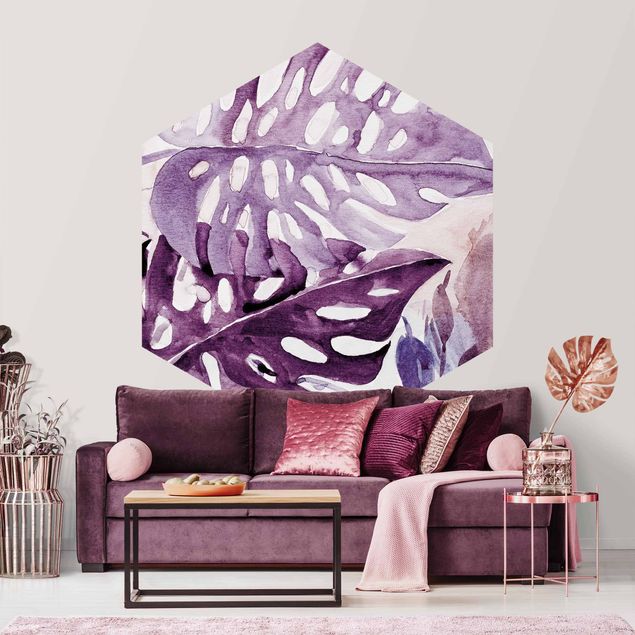 Papier peint moderne Aquarelle - Feuilles tropicales et monstres en aubergine