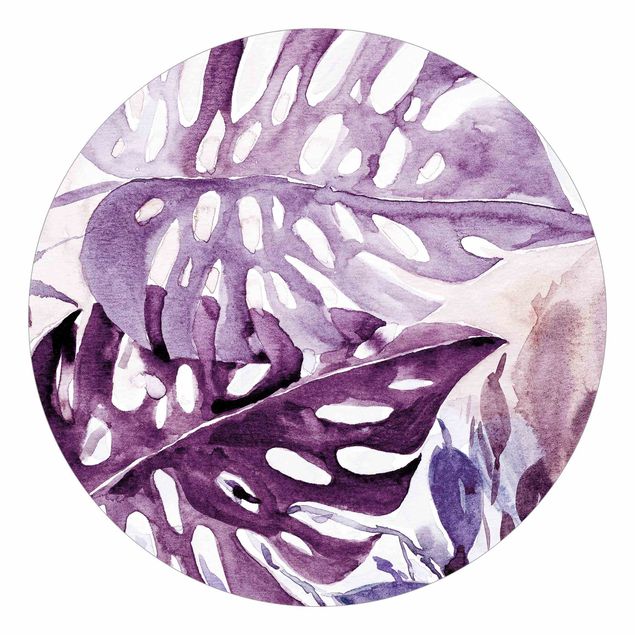Papier peint floral Aquarelle - Feuilles tropicales et monstres en aubergine