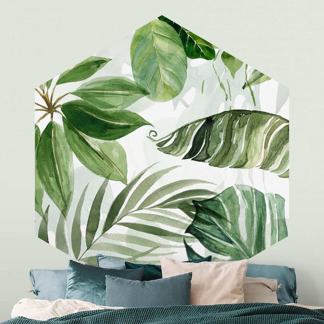 Papier peint moderne Aquarelle - Feuilles et vrilles tropicales