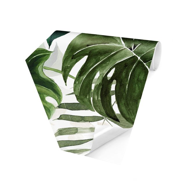 Papier peint vert Aquarelle Arrangement Tropical avec Monstera