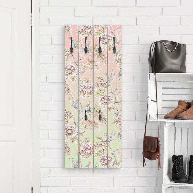 Porte-manteaux muraux avec dessins Aquarelle Oiseaux avec De Grandes Fleurs Et Ombre