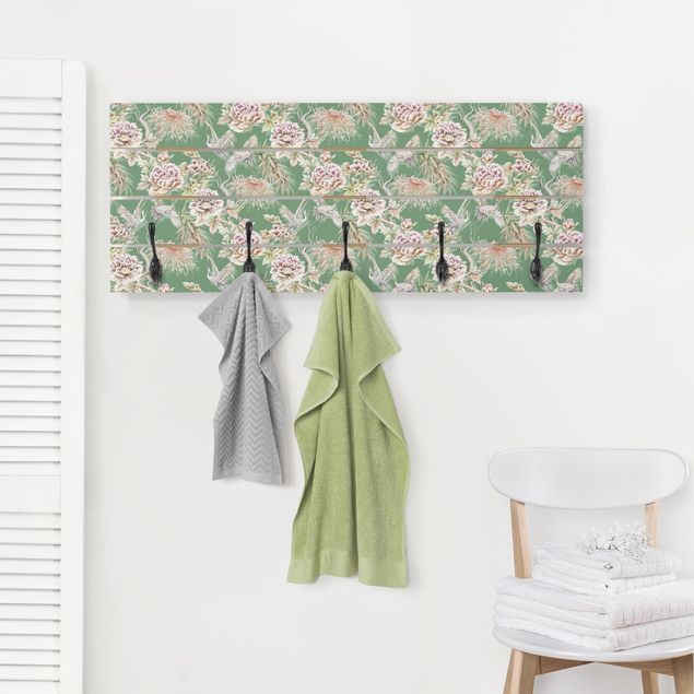 Porte-manteaux muraux avec dessins Aquarelle - Oiseaux avec de grandes fleurs devant vert