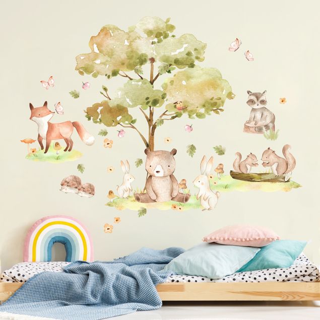 Stickers muraux arbres Watercolour forest animals and autumn tree