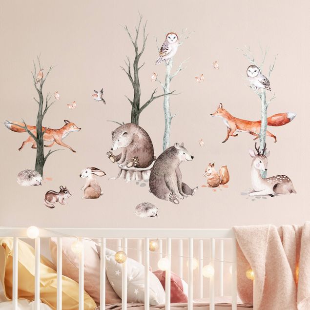 Stickers muraux arbre Amis des animaux de la forêt à l'aquarelle