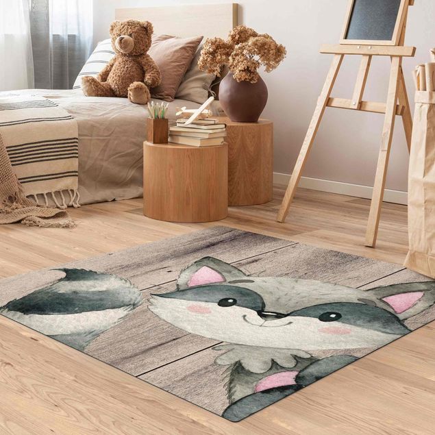 tapis gris Aquarelle raton laveur sur bois