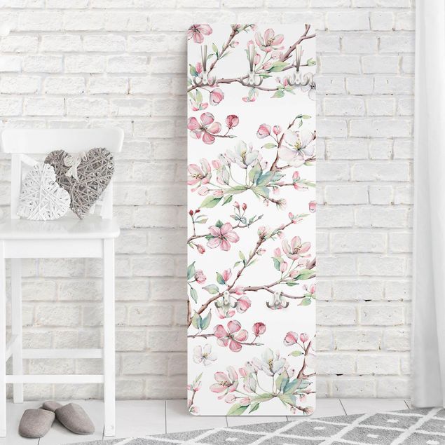Porte-manteaux muraux avec fleurs Aquarelle - Branches de pommiers en fleur rose clair et blanc