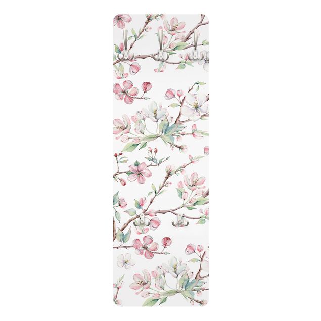 Porte-manteaux muraux blancs Aquarelle - Branches de pommiers en fleur rose clair et blanc
