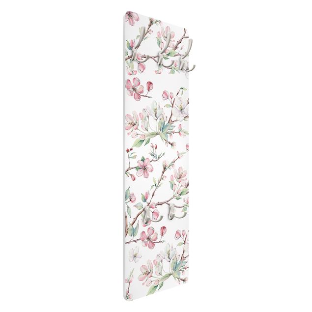 Porte manteau entree Aquarelle - Branches de pommiers en fleur rose clair et blanc