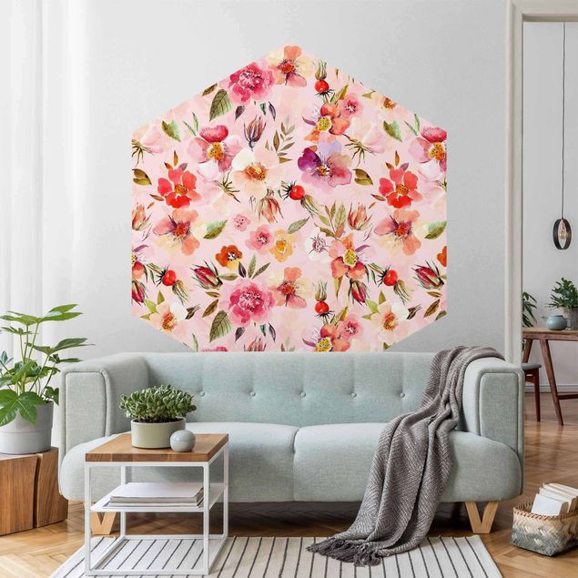 Papiers peints modernes Fleurs aquarelles sur rose clair