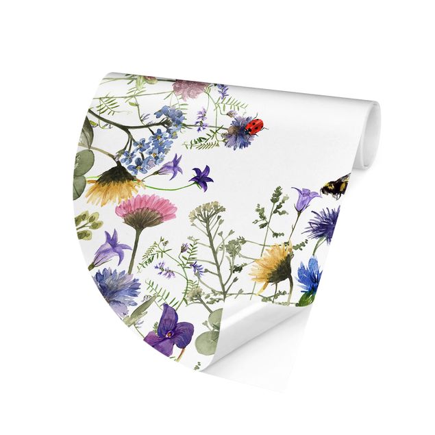 Papier peint panoramique Aquarelle - Fleurs avec Coccinelles
