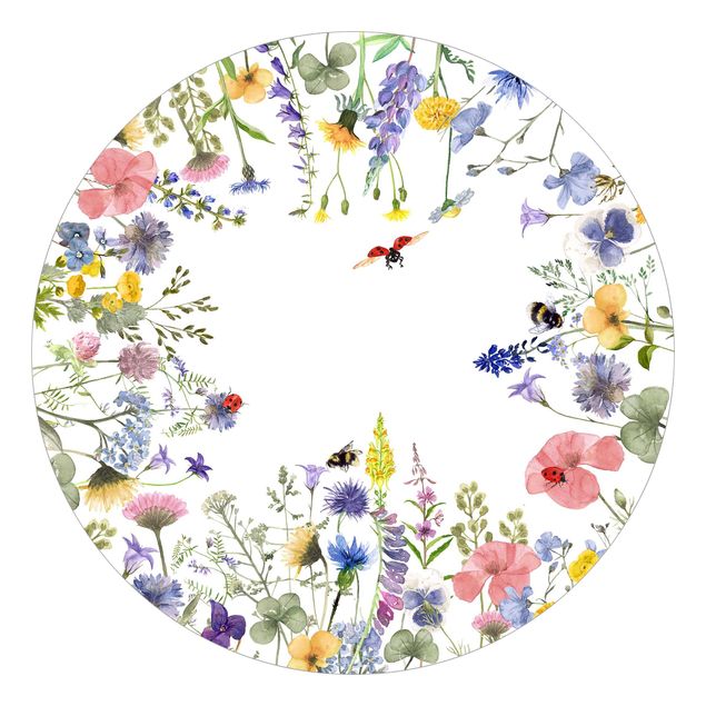 Papier peint rond autocollant - Watercolour Flowers With Ladybirds