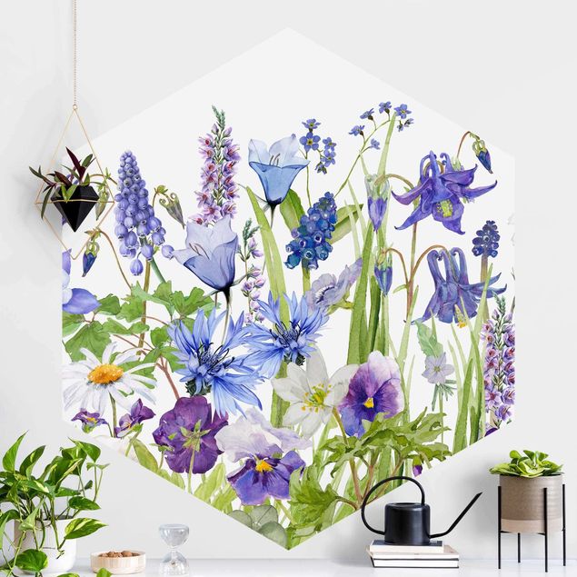 Déco mur cuisine Aquarelle - Champ fleuri en bleu