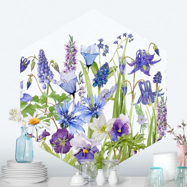 Papier peint coquelicots Aquarelle - Champ fleuri en bleu