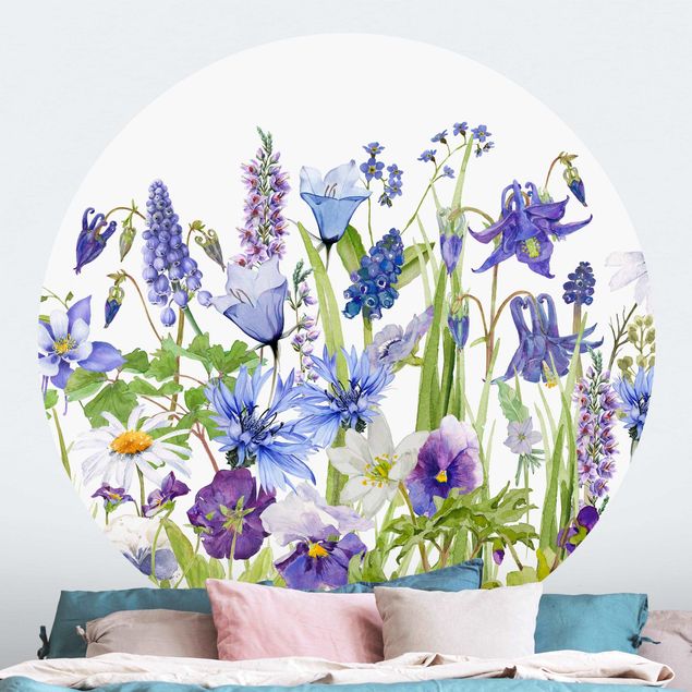 Papier peint moderne Aquarelle - Champ fleuri en bleu