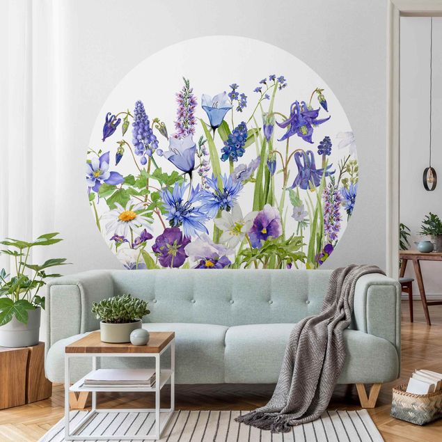 Papier peint fleurs Aquarelle - Champ fleuri en bleu